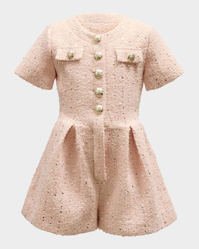 Girl's Pleated Sequin Boucle Playsuit, Size 4-14